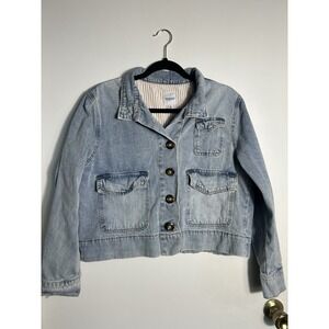 Kensie Jeans Light Wash Denim Utility Jacket Size M Cropped Striped Lining
